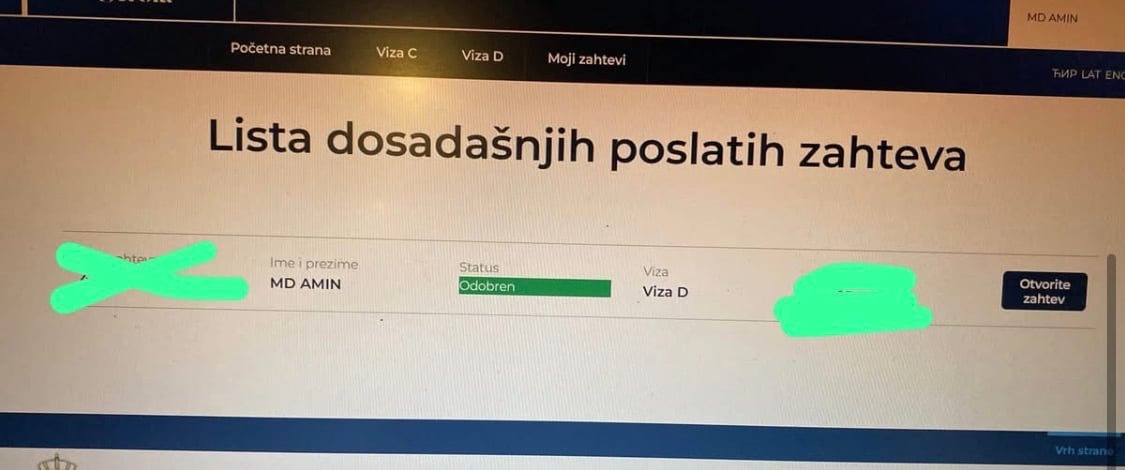 Serbian application portal displaying an approved D visa status
