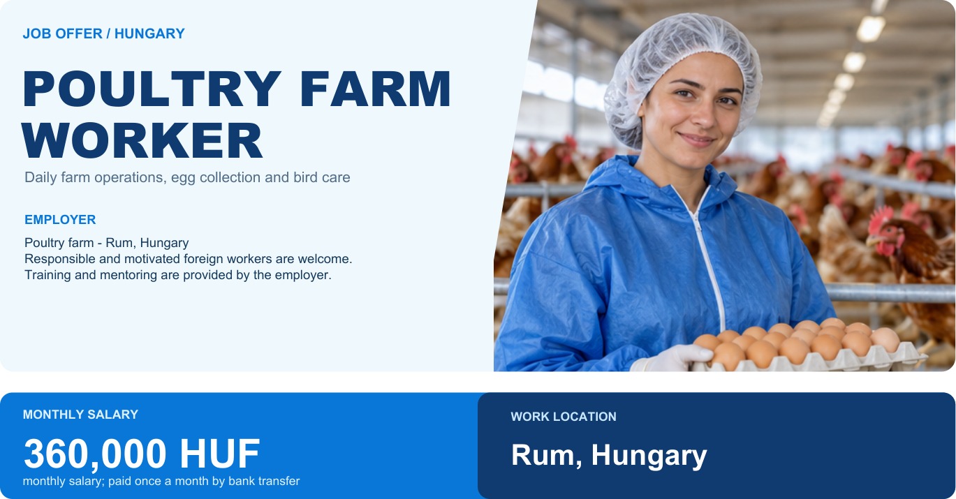 Poultry Farm Worker - Rum, Hungary; 360,000 HUF monthly salary; paid once a month by bank transfer
