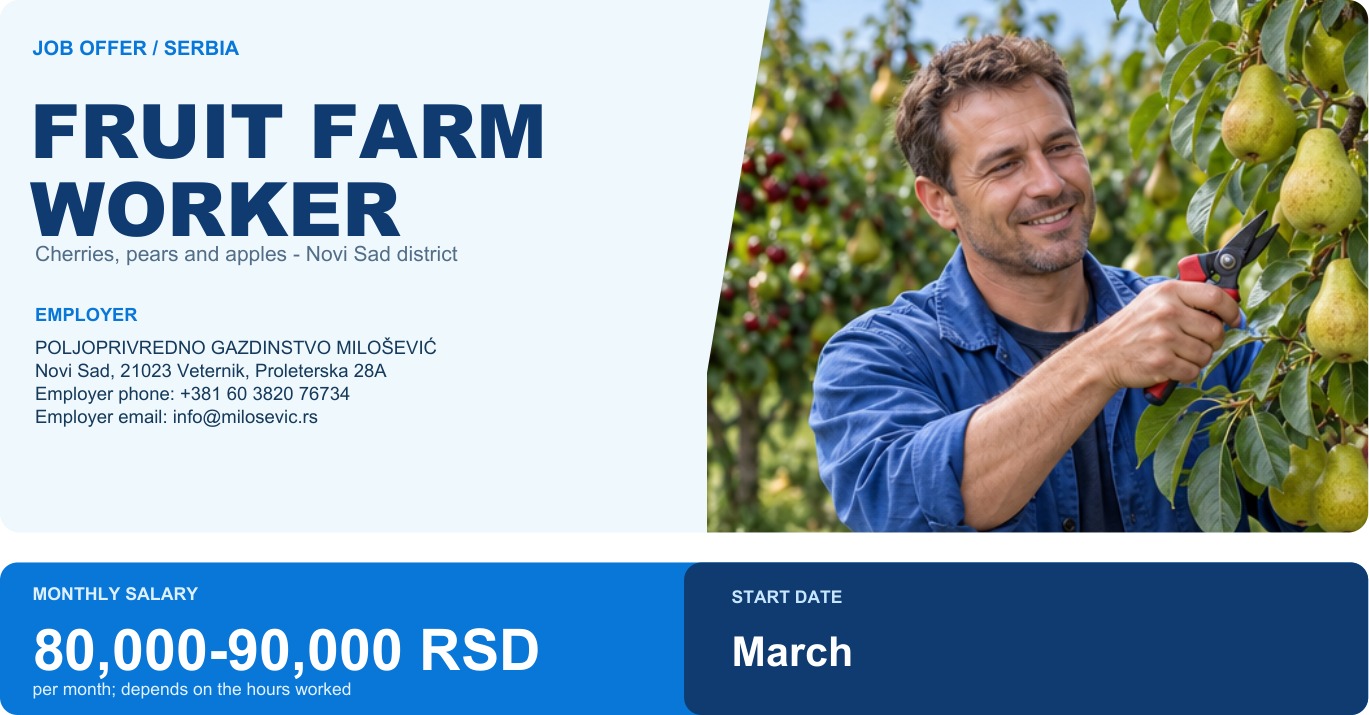 Fruit Farm Worker - Novi Sad district, Serbia; 80,000-90,000 RSD per month; depends on the hours worked