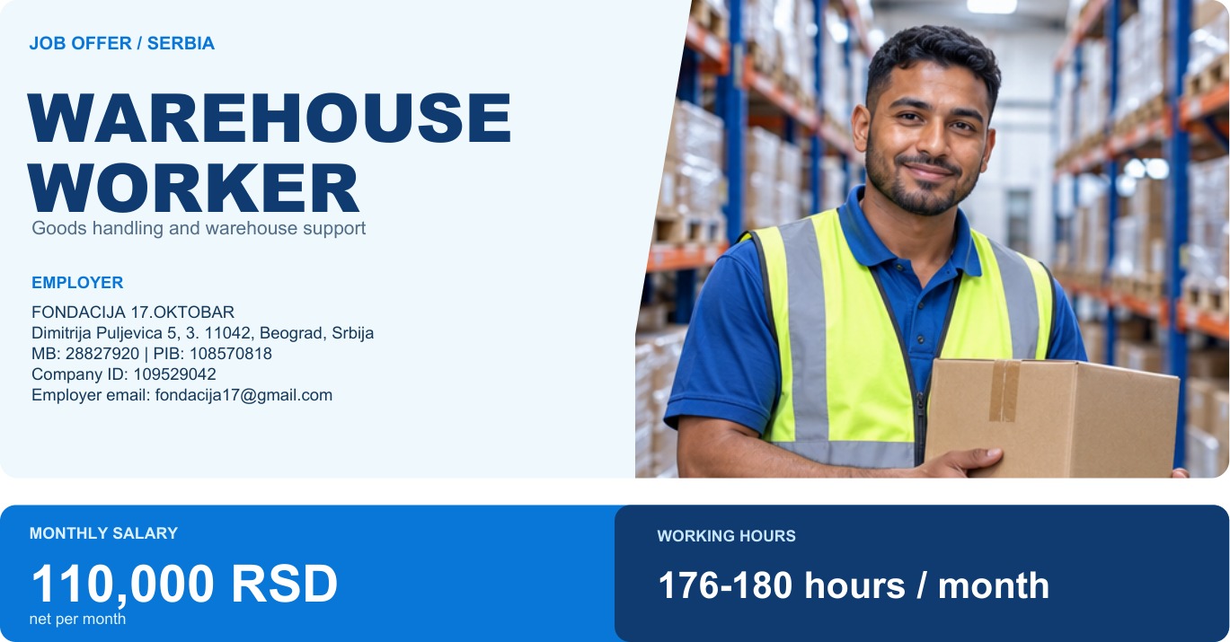 Warehouse Worker - Belgrade, Serbia; 110,000 RSD net per month
